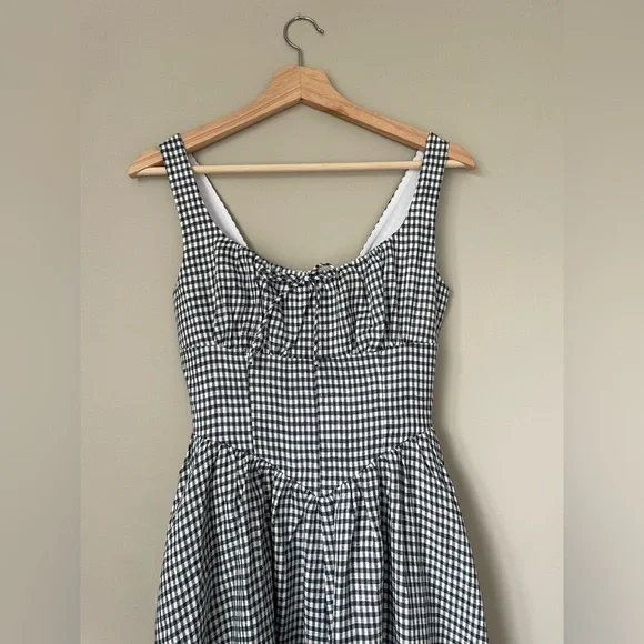 NEW Reformation Balia Midi Linen Dress Slate Check Plaid Navy White | US 2 UK 4 - Picture 11 of 15